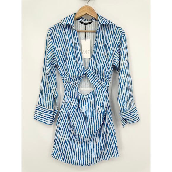 ZARA Striped Knot Cut Out Mini Dress Linen Blend Long Sleeve Blue/ White NWT - Picture 6 of 14